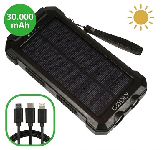 GØDLY® Solar Powerbank 30000 mAh Zwart 2023 Model