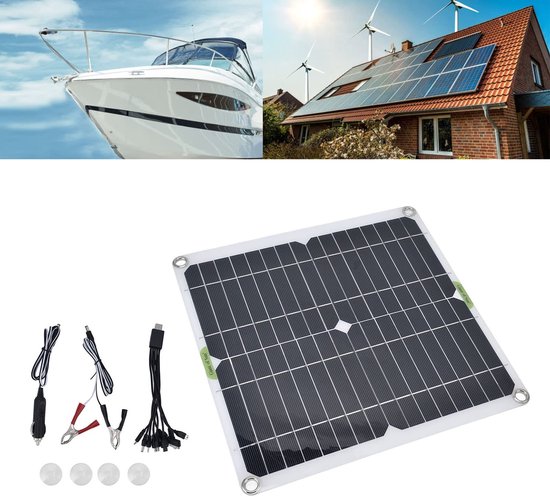 Zwart zonnepaneel met rasterpatroon, bevestigingsringen en groene tape, met accessoires bij een boot.
