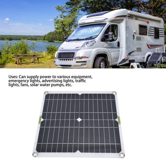 Zwart zonnepaneel met rasterpatroon, bevestigingsringen en groene tape, naast een camper.