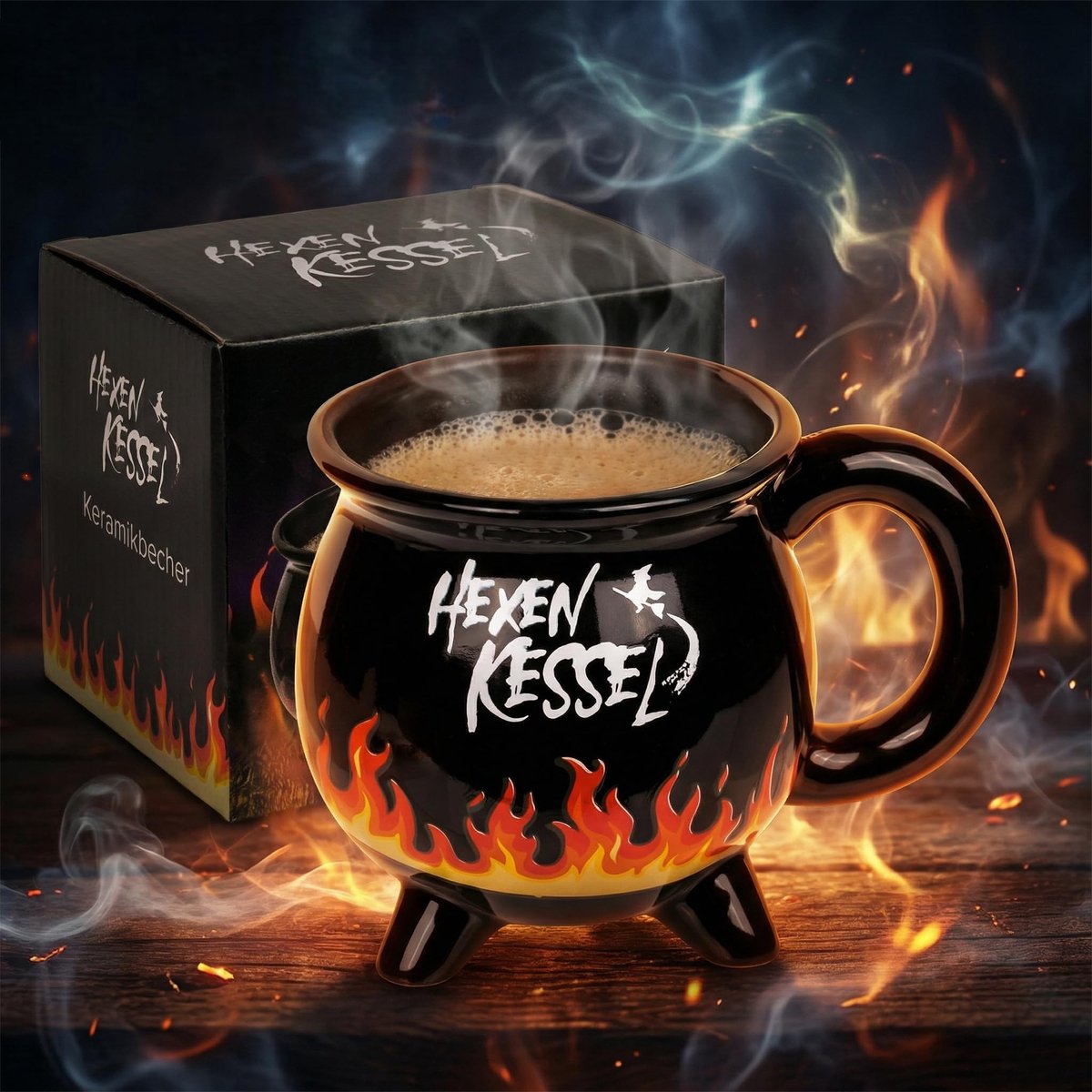 Koffiekop - Hexenkesselbeker - Vlammen-thermo-effect - Zwart - Theekop - 400ml - Geschikt voor Volwassenen - Halloween