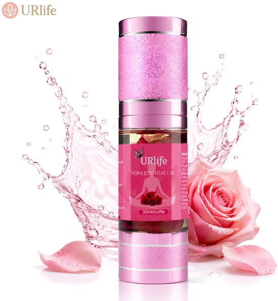 URlife Yoni olie fles met roze, sprankelende accenten, op een roze roos. Water spat omhoog.