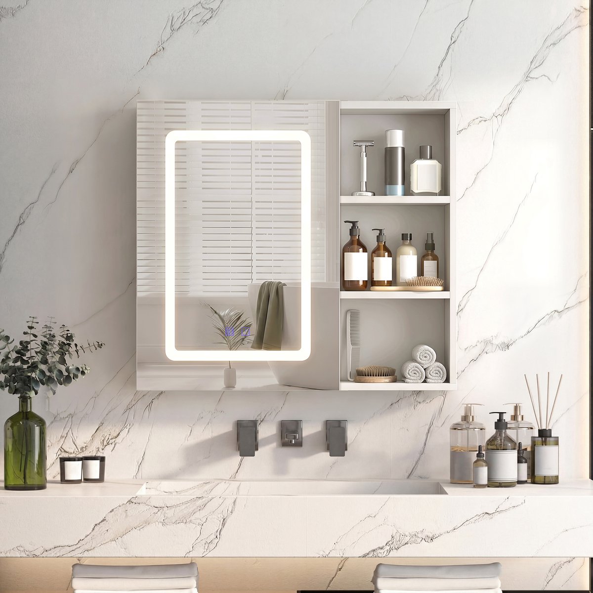 Badkamerspiegelkast met 3 kleuren LED-verlichting, anti-condensfunctie, verstelbare plank, badkameropbergkast, 60x15x60cm