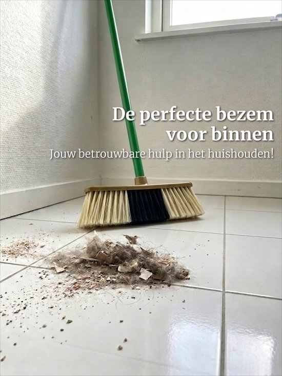Clean Bezem met Steel - 132x28 cm - Binnenbezem - Voor Parket & Laminaat - Kamerveger - Zaalveger - Zachte Bezem - Straatbezem - Binnen Bezem - Ergonomische Huishoudbezem - Krasvrije Veger voor Gladde Vloeren - Fijnhaar Zachte Borstel - Geel/Groen — afbeelding 2