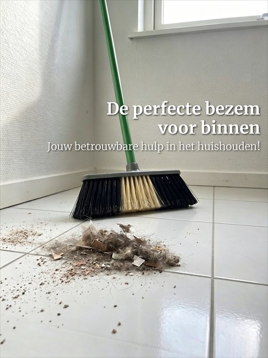 Clean Bezem met Steel - 132x28 cm - Binnenbezem - Voor Parket & Laminaat - Kamerveger - Zaalveger - Zachte Bezem - Straatbezem - Binnen Bezem - Ergonomische Huishoudbezem - Krasvrije Veger voor Gladde Vloeren - Fijnhaar Zachte Borstel - Zwart/Groen — afbeelding 3