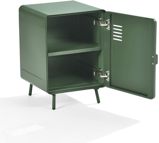 Open groene archiefkast met twee planken en scharnieren, op stalen pootjes.