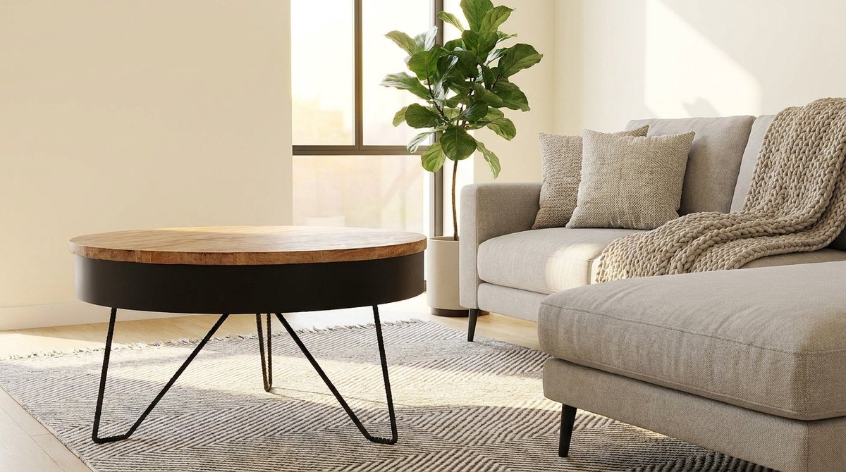Salontafel Rond 80 cm – House&Garden Saran Industrieel Design Salontafel – Mango Hout & Zwart Metaal – Moderne Bijzettafel/Woonkamertafel 80x80x43 cm – Handgemaakt Uniek Meubel