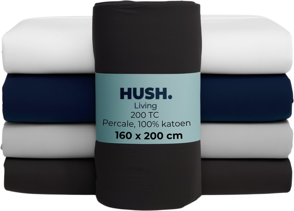 HUSH Living Hoeslaken percale - 100% katoen - 200TC - extra fris en koel - sterk en slijtvast - elastiek rondom - 160x200+30cm - antraciet