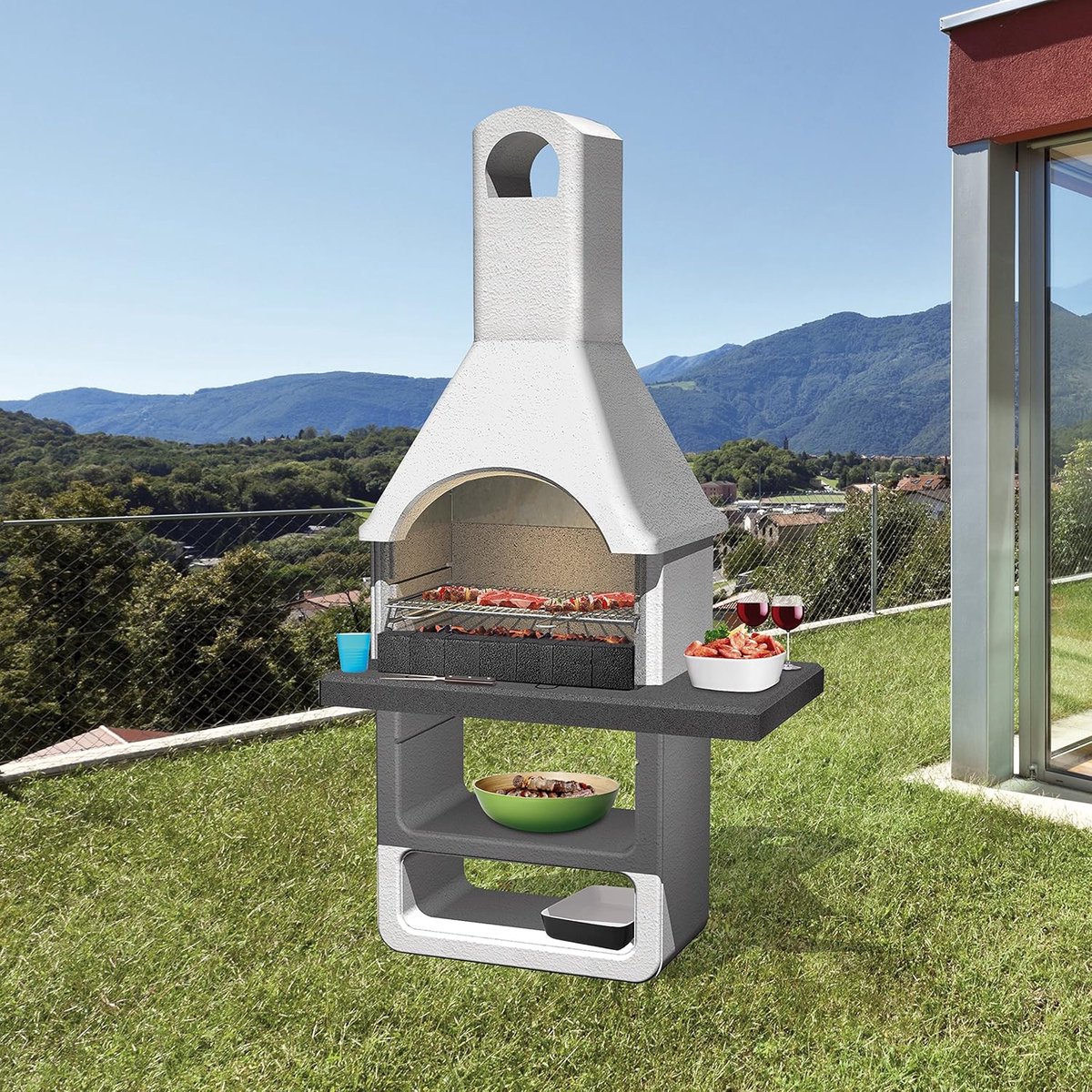 StoneFlame Prestige Betonnen Barbecue met Houtskoolgrill en Warmtebehoud – Buiten BBQ voor Tuin en Terras, 67 x 40 cm Grillrooster voor 12 Personen, 120 x 80 x 140 cm