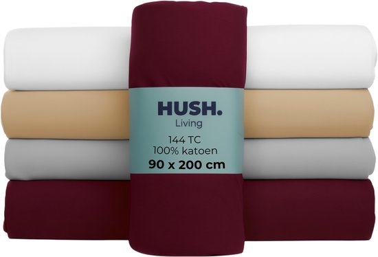 HUSH Living - Hoeslaken 90x200+30cm - 100% katoen, 144TC, soepel en ademend - elastiek rondom - bordeaux