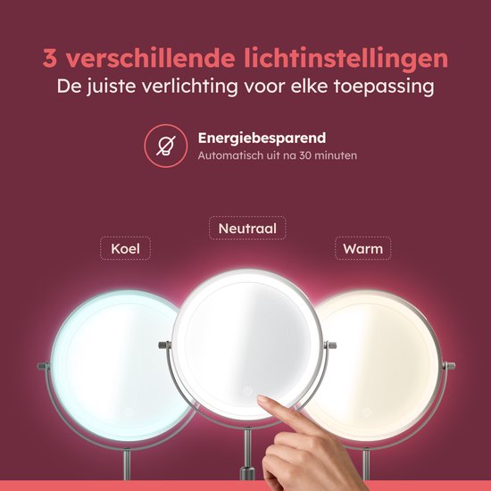 Fraay make-up spiegel met 3 lichtinstellingen: koel, neutraal en warm. Energiebesparend, automatisch uit na 30 minuten.
