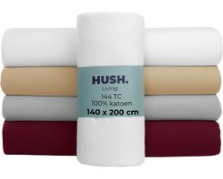 HUSH Living Hoeslaken 100% katoen, 144TC, soepel en ademend - elastiek rondom - 140x200+30cm - wit