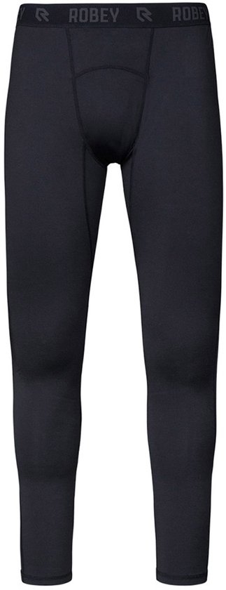 Collant long noir pour hommes, détaillé avec des coutures et un logo de marque sur la ceinture.