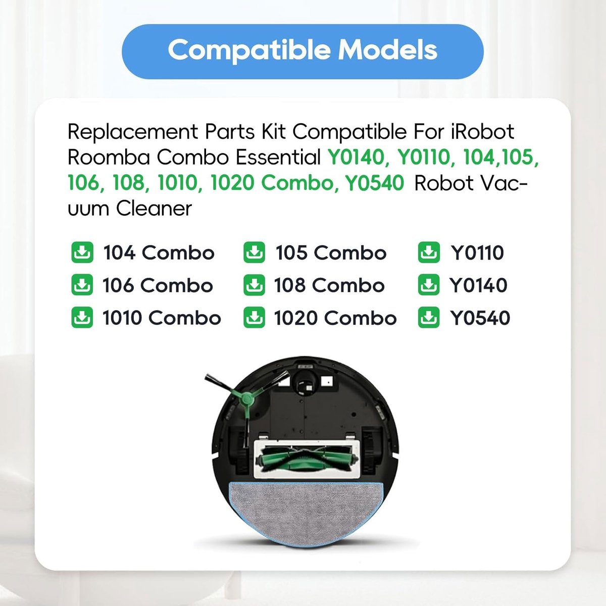 7-delige set: Hoofdborstel + Zijborstel + HEPA-filter + Dweildoek - compatibel met iRobot Roomba Combo Essential (RVG-Y1 Y0112/Y0140/Y0110 Q0120 Q011) 104/105 VAC /105 Combo Robotstofzuiger — afbeelding 3