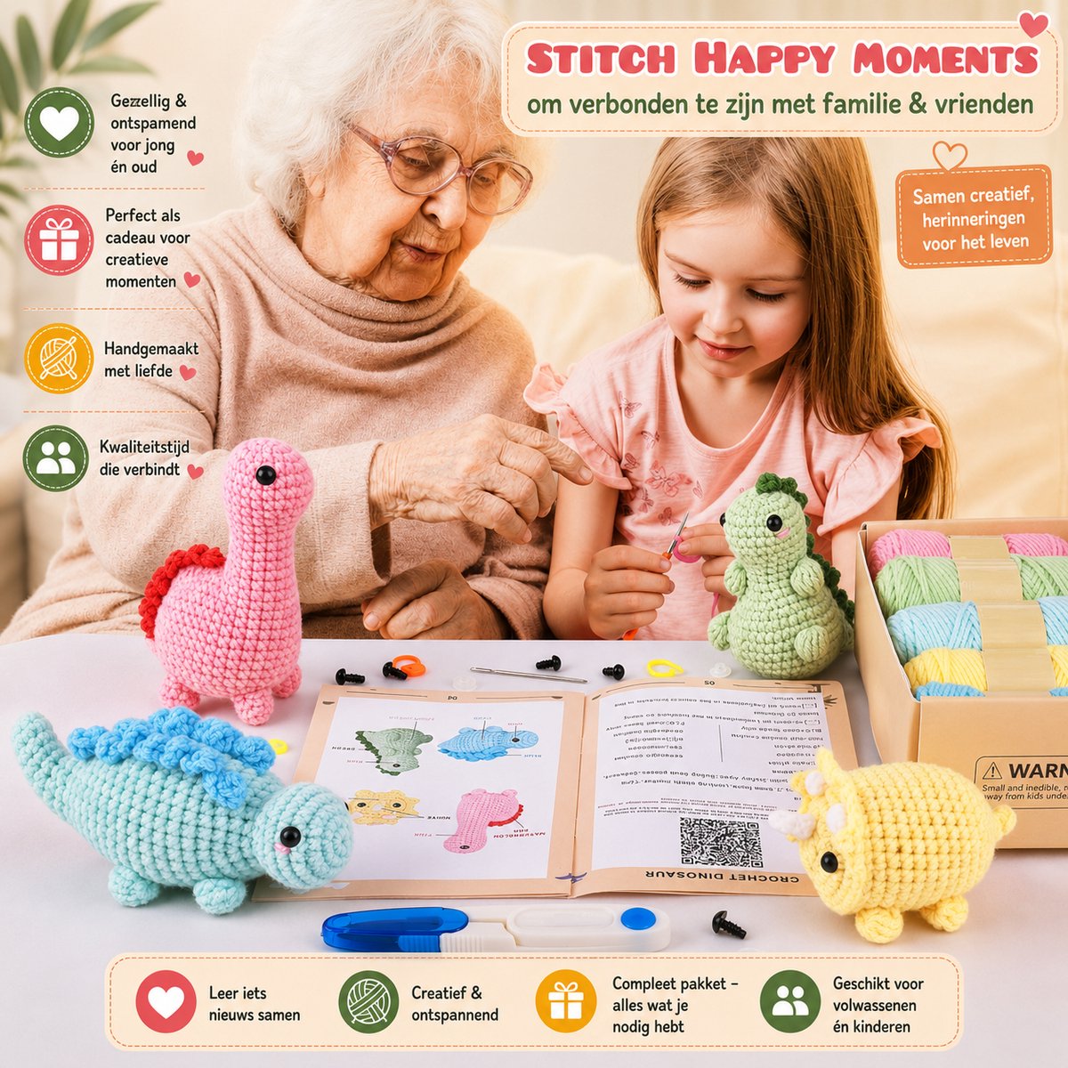 BOTC Haakpakket voor beginners - Beginners haakset - DIY haakpakketten met dieren - 4 dinosaurussen (40% extra garen) — afbeelding 4