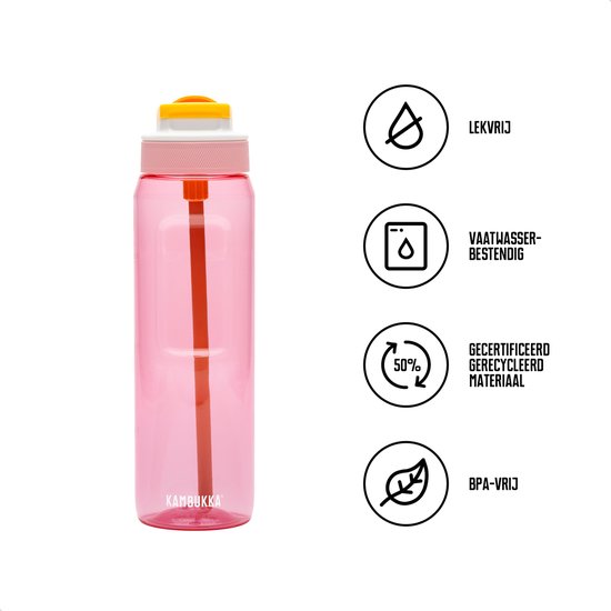 Gourde Kambukka rose transparente (1L) avec paille orange et bouchon jaune. Anti-fuite, lavable au lave-vaisselle, 50% de matériaux recyclés, sans BPA.