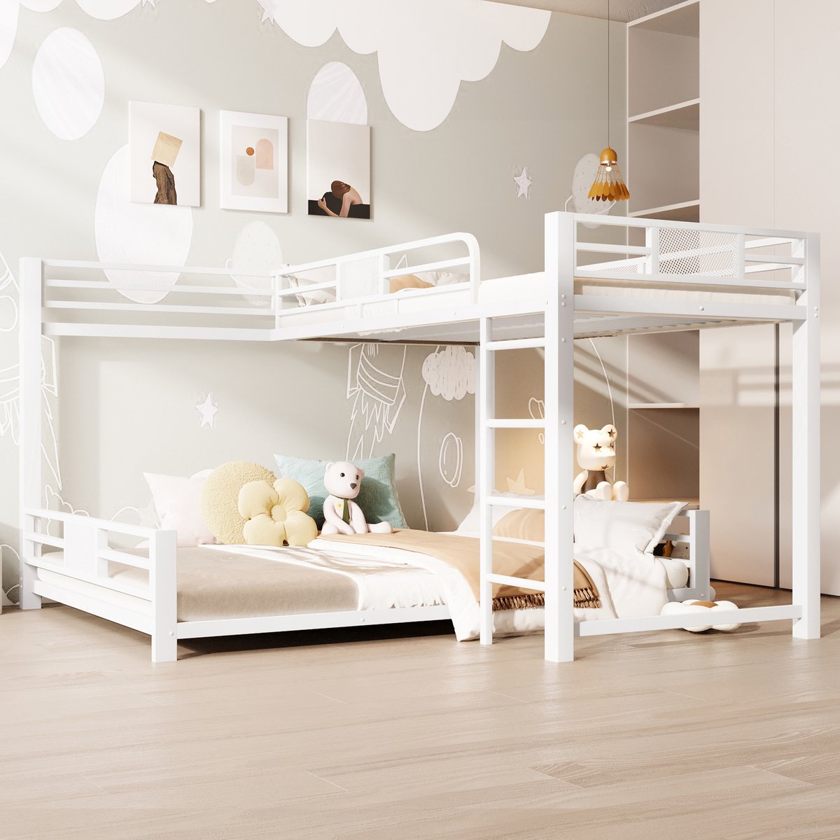 L-vormige stapelbed - bovenbed 90x200cm - onderbed 140x200cm - wit - zonder matras