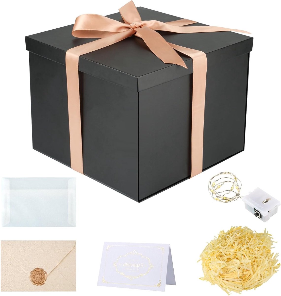Zwarte Cadeau Doos met Deksel, 23 x 23 x 18 cm, Perfect voor Verjaardagen, Moederdag en Feestjes, Inclusief 6 Decoratieve Accessoires