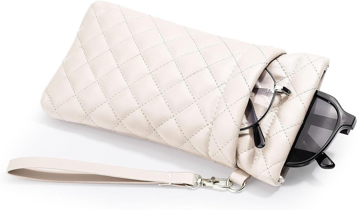 Dubbellaagse zonnebril etui met draagriem, zachte PU-leer, groot knijp-top ontwerp, inclusief reinigingsdoek voor heren en dames, ideaal voor bescherming en opslag