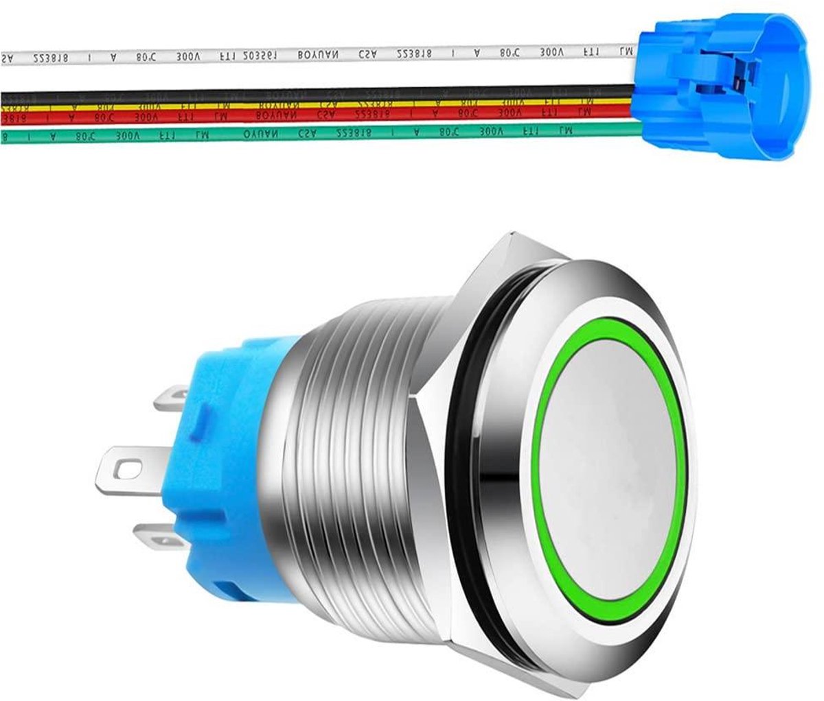 Drukknop Schakelaar - Momentary Knop - Elektrische Apparatuur - IP65 Waterdicht Metaal - 22mm Gat Diameter - Groen Licht