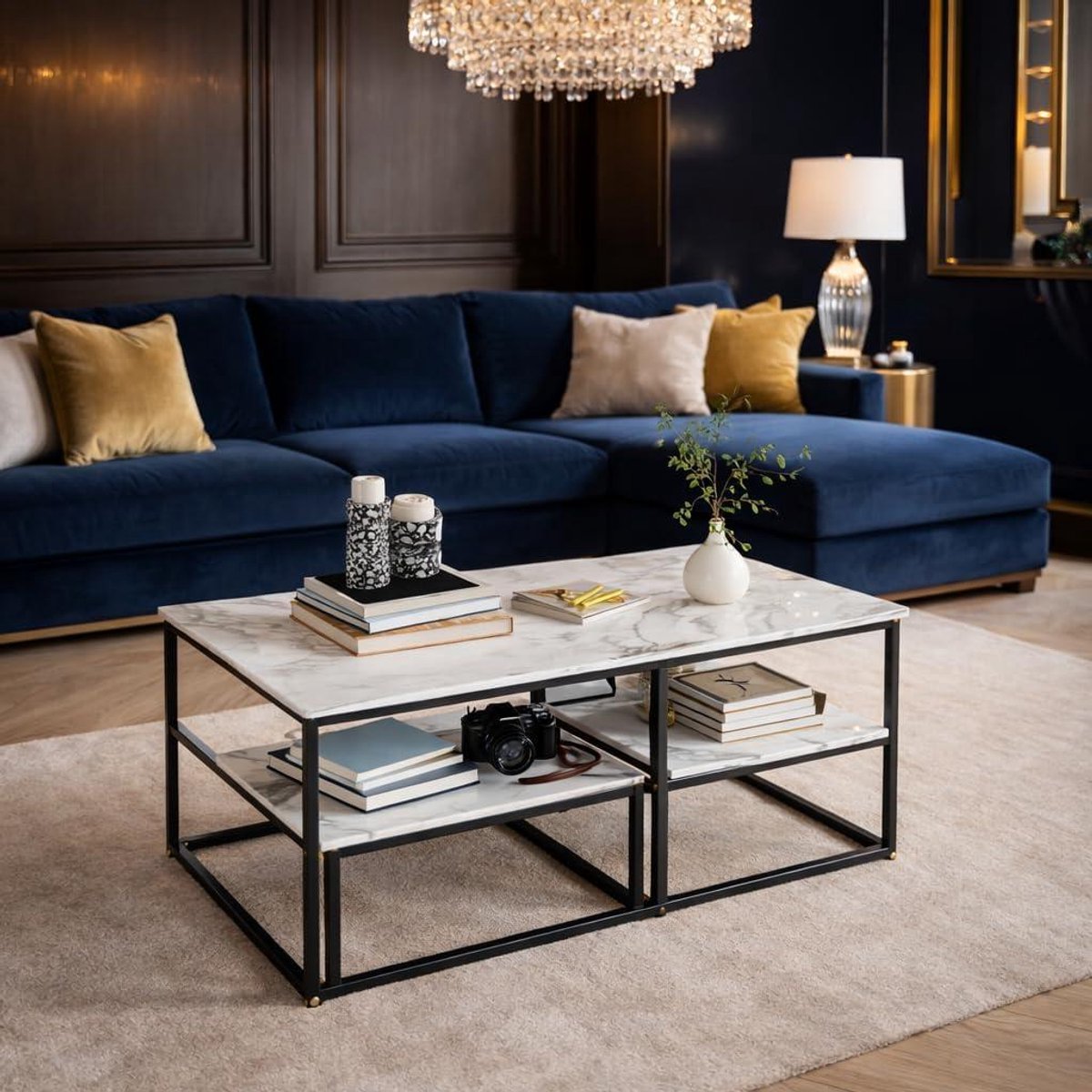 Set salontafels - Bijzettafels uitschuifbaar - Woonkamer inrichten - Marmerlook met metaal - 60 x 45 cm - Zwart