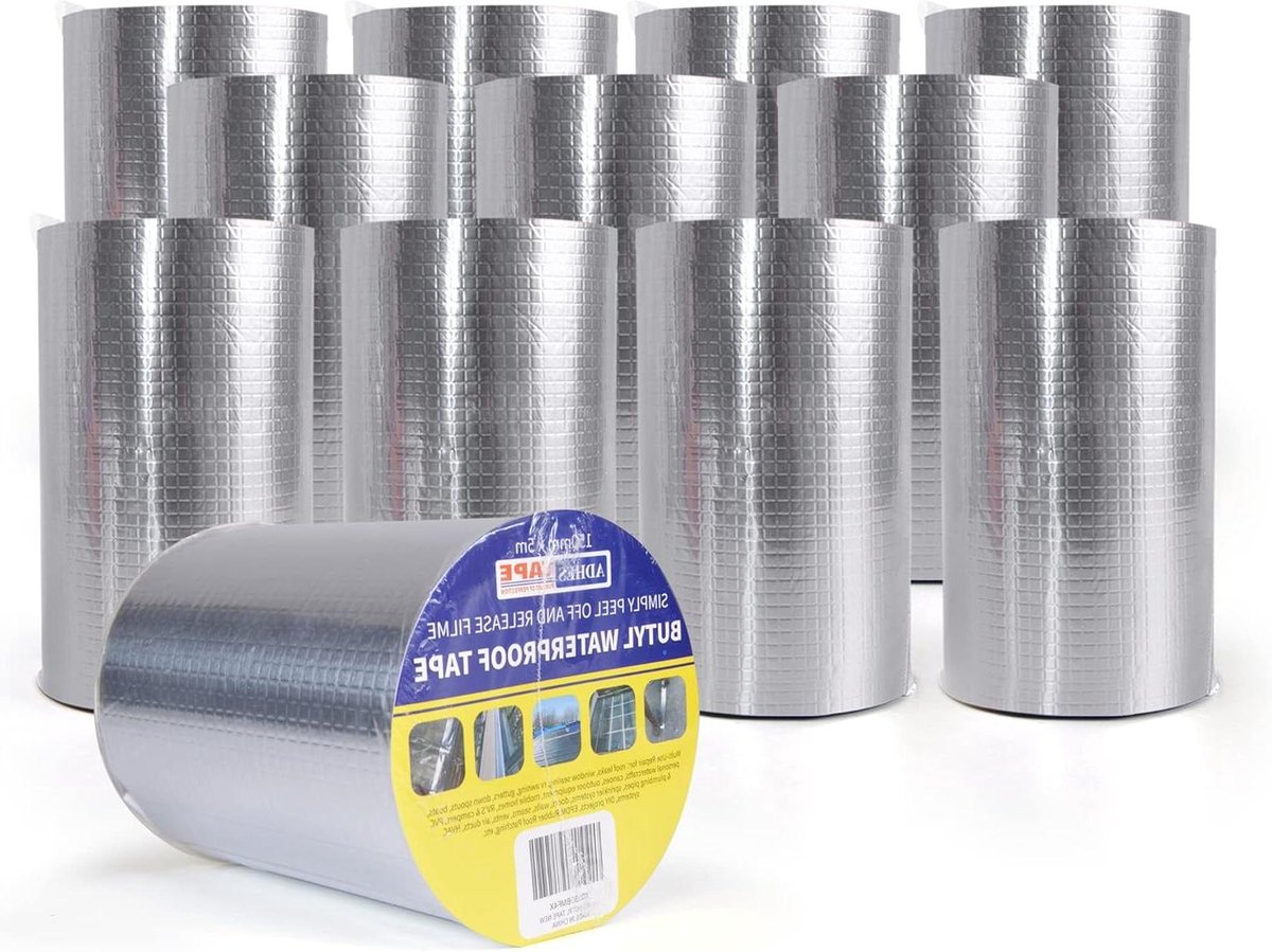 Butylband Afdichtingstape - Reparatietape Waterdicht - Daken en Caravans Repareren - Aluminiumfolie Bedekking - 100mm x 5m 12 Rollen - Zilverkleurig