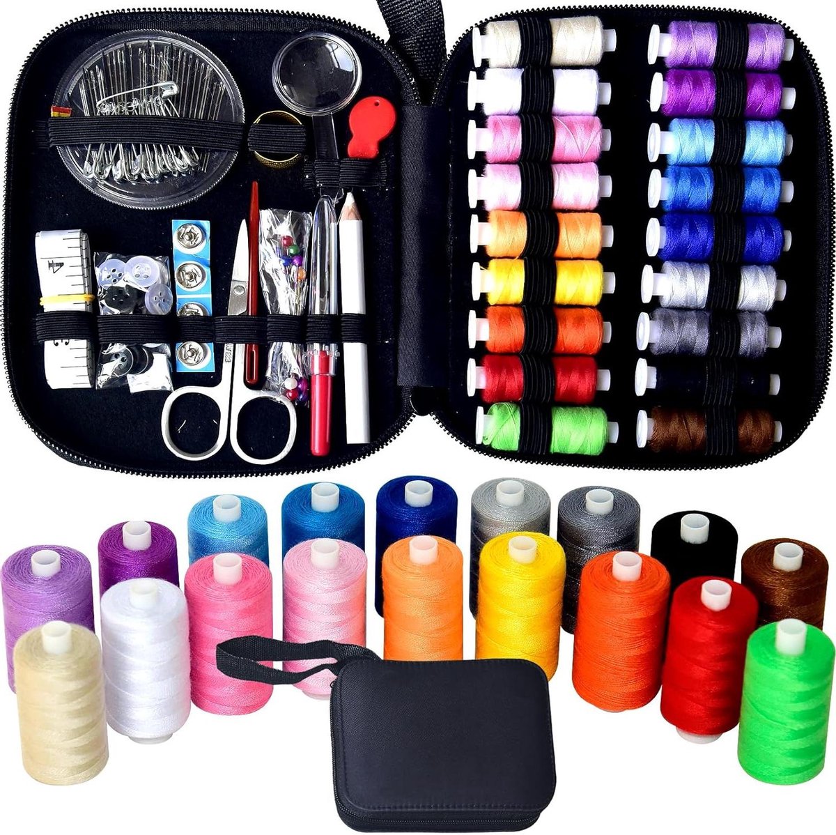 Naaiset met etui - Draagbare naaibenodigdheden - Noodreparaties thuis - 18 spoelen draad - Compact formaat - Multicolor