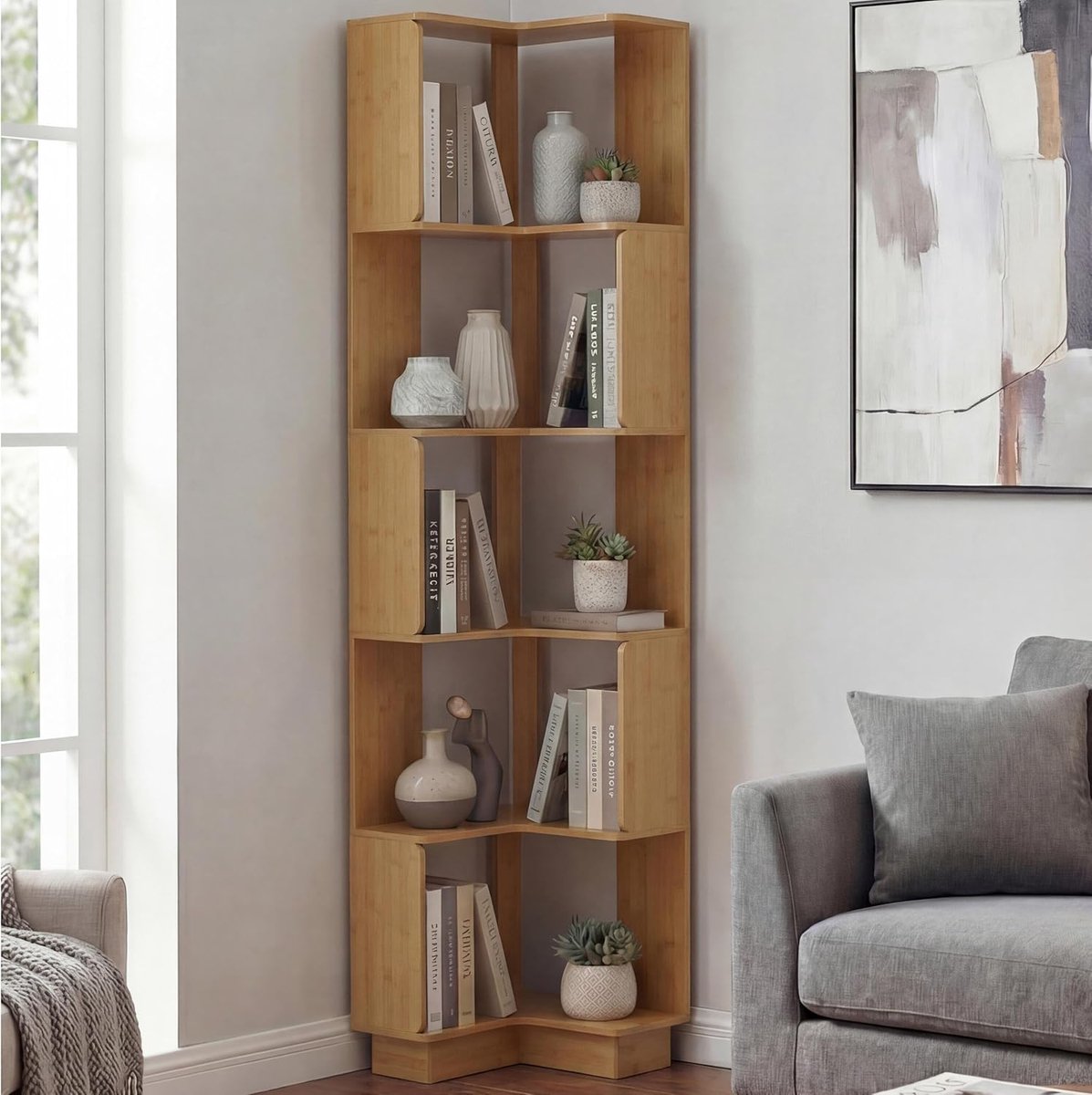 Luxe 5-Laags Hoekboekenkast Bamboo Look 175 x 40 x 40 cm – Ruimtebesparende Corner Shelf voor Woonkamer, Slaapkamer & Kantoor, MDF Melamine, Waterafstotend & Krasbestendig