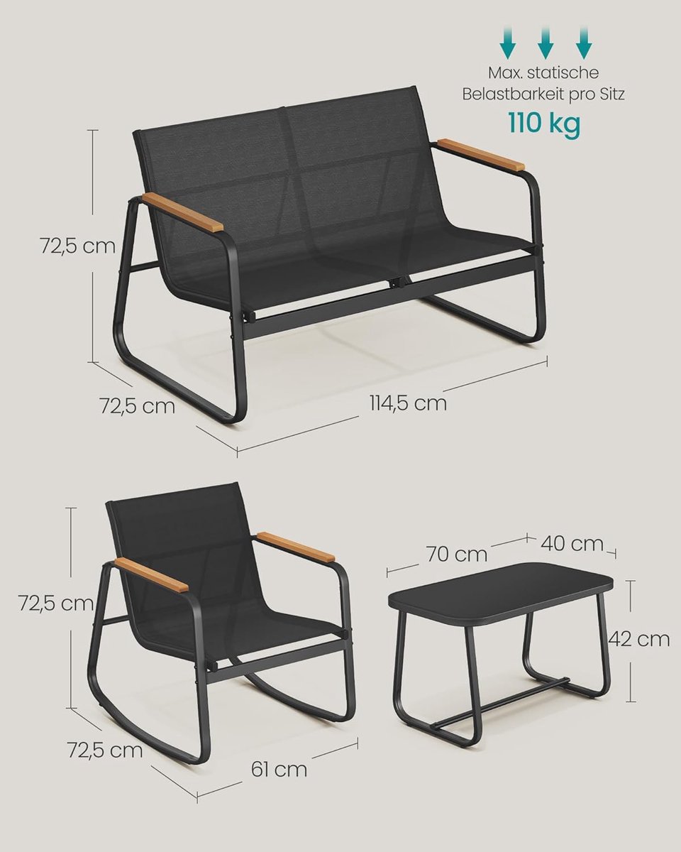 Tuinmeubelset 4 Personen 73 cm Zwart – Schommelstoelen met Armleuningen & Glazen Tafel – Weerbestendige Bistroset voor Balkon & Tuin – Nicolehome