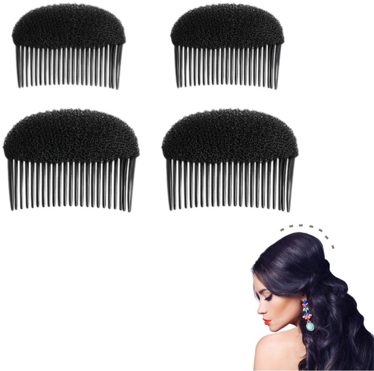 4 stuks - Onzichtbare Pluizige Haarclip - Pluizige haarclip - Pluizige haarpad - Haarkam van sponsschuim - Sponsinzetstuk - Styling-inzetstuk - Haarstylingaccessoire - Zwart - 2 maten - Geschikt voor het creëren van een volumineus kapsel