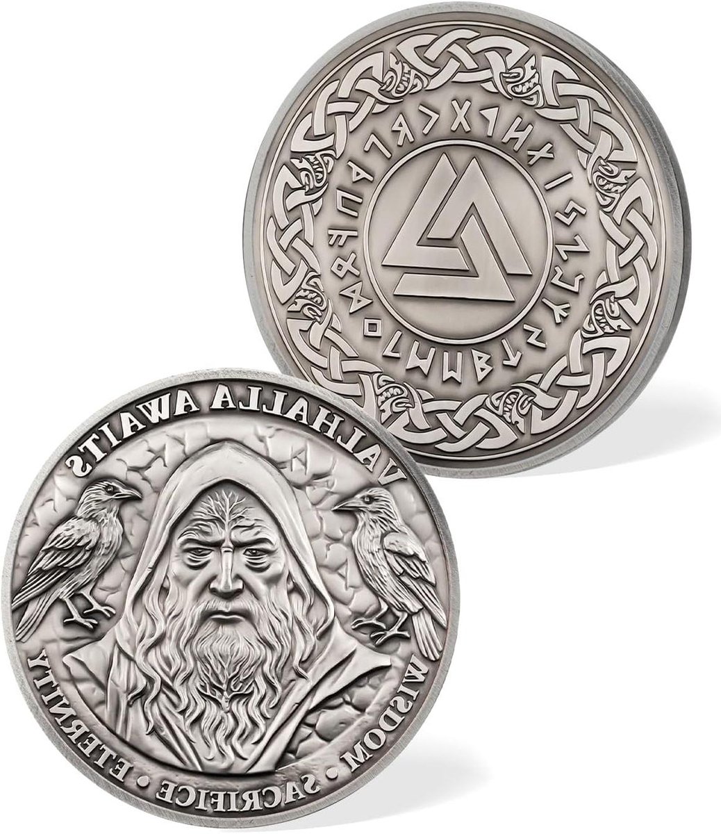 Viking Odin Munt - Noorse Talisman - Bescherming en Geluk - Odin en Raven Design - 40mm diameter - Antiek Goud