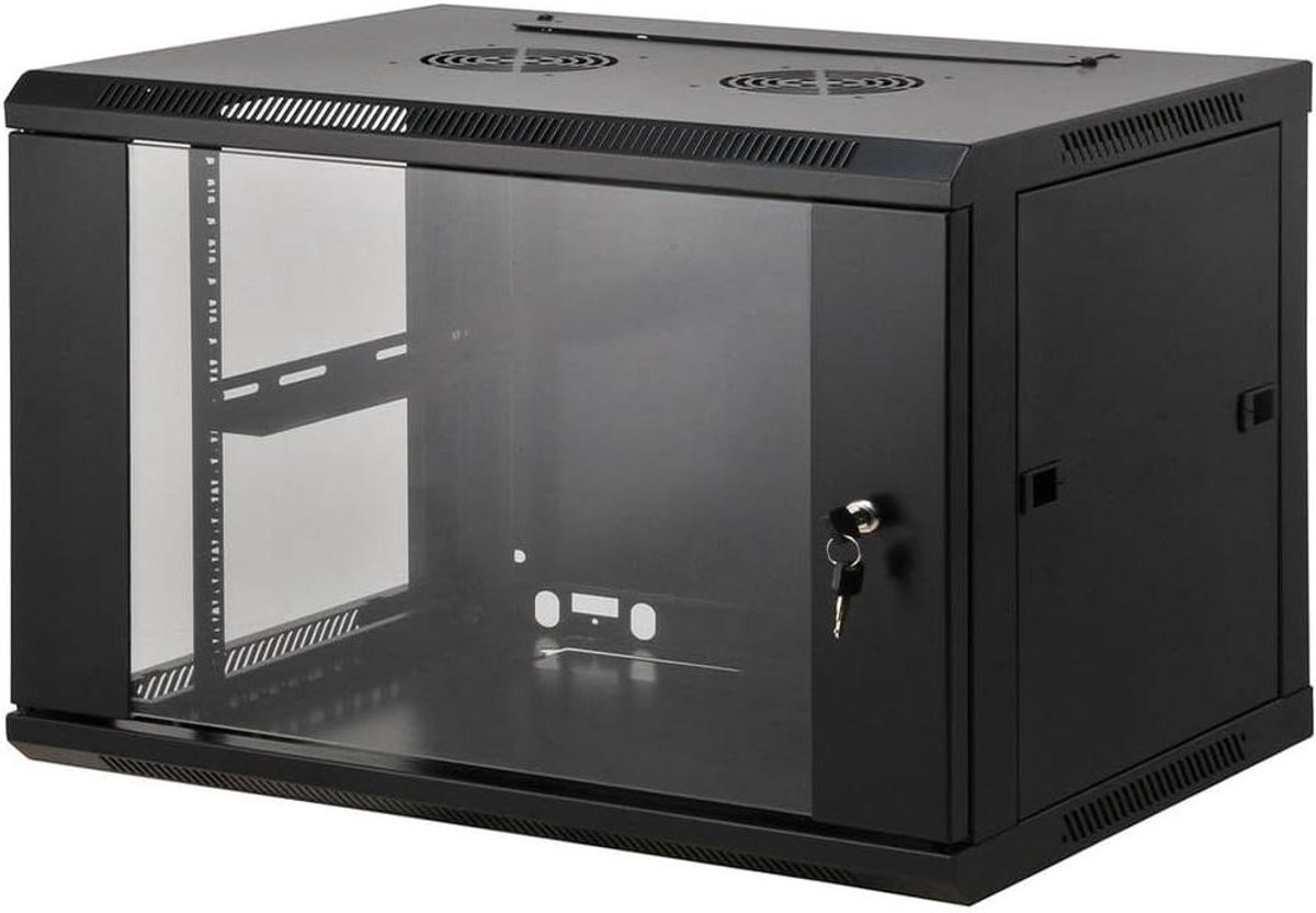 Wandhouder - Serverkast Muurmontage - Apparatuur Opbergen - Glazen Deur Met Slot - 9U 450mm Diep - Zwart