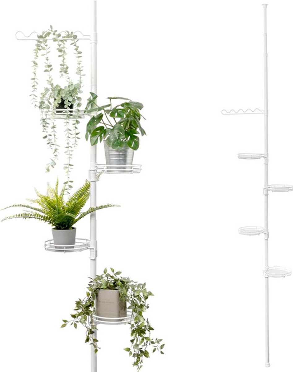 Sierra, telescopisch bloemenrek met 4 planken en klimhulp, voor in de woonkamer, gang, badkamer of keuken - met variabele inbouwhoogte van 140 tot 290 cm (Wit)