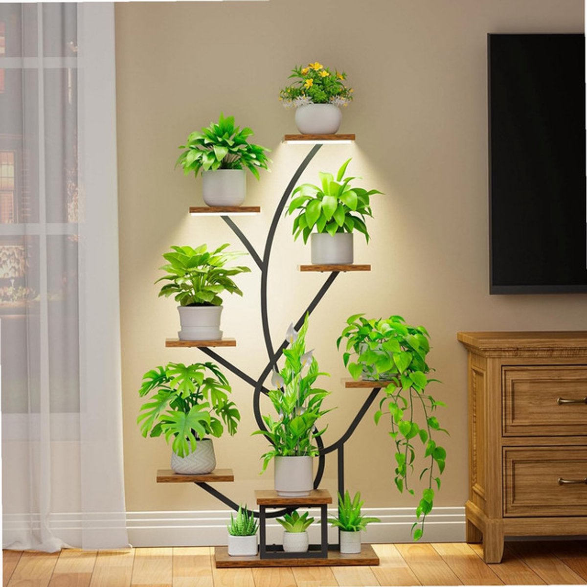 Sierra, Plantenstandaard met groeilicht, 8 niveaus, bloemenstandaard, 126 cm, metalen houten plantenrek, binnen en buiten, bloementrap, decoratief zwart bloemenrek voor binnen, tuin, balkon