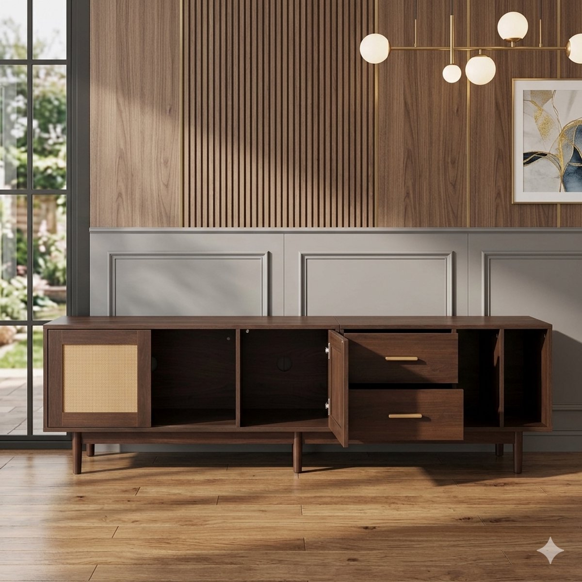 TV Meubel 180 cm – Houten TV Kast met Rattan Deuren & Schuifdeuren, Geschikt voor 80 inch TV, Grote Opbergruimte, Retro Modern Design – Bruin – Urbanhome
