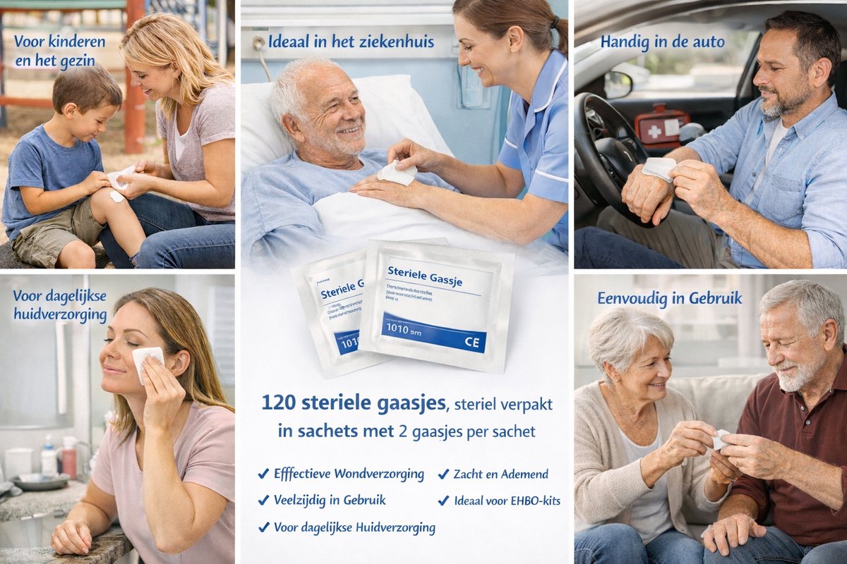 120 steriele gaasjes - gaas kompressen – 20x20 gevouwen in 10x10 cm - non woven - desinfectie of sterilisatie Verpakt in enveloppen van 2 stuks per envelop