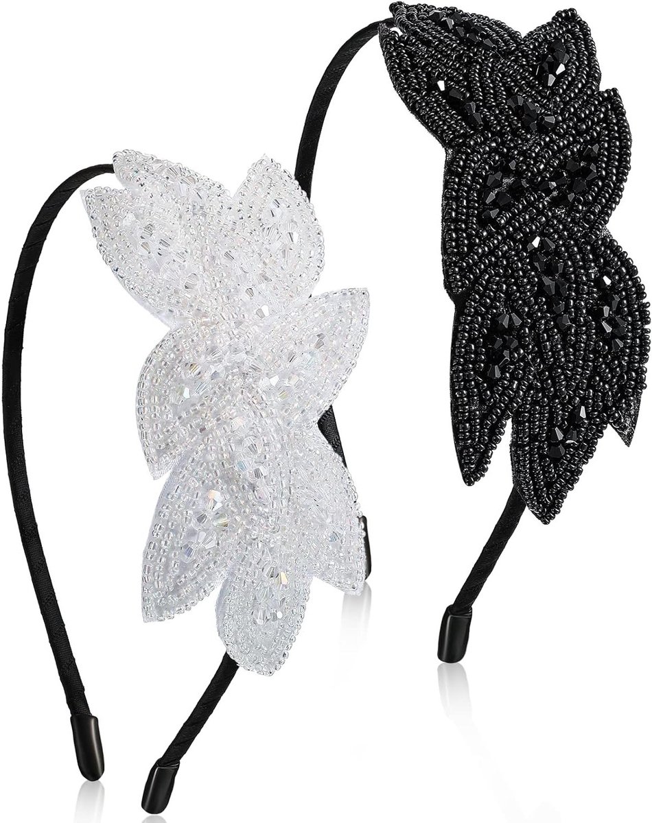 Elegante Flapper Hoofdband Set met Bladeren en Kralen voor 1920s Kostuumfeest - Vintage Haaraccessoires voor Dames in Wit en Zwart