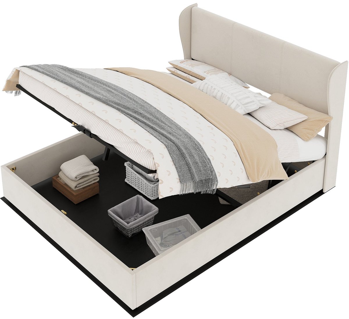Merax Gestoffeerd Bed 160x200 cm - Bed met Opbergruimte - Gasveer - Houten Lattenbodem - Beige