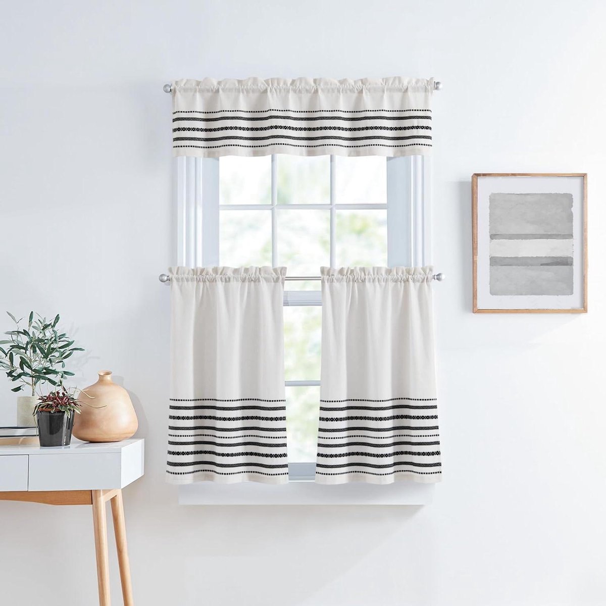 Keukengordijnen Set - Vitrage en volant - Keuken decoreren - Lichtfilterend materiaal - 3-delig 28x36 en 56x14 - Wit marineblauw