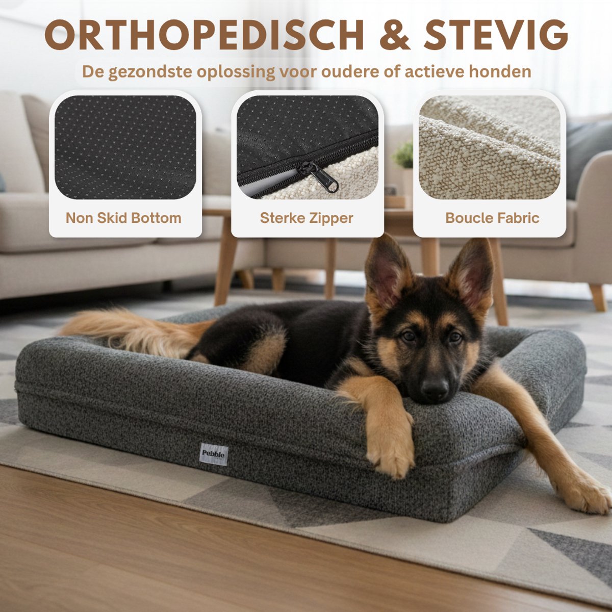 Pebble Orthopedische Hondenmand 88x63 cm - Wasbaar - Grijs - Teddy - Hondenbed - Stevige Bodem - Zacht Pluche - Hondenkussen - Voor Middelgrote Honden thumbnail 6
