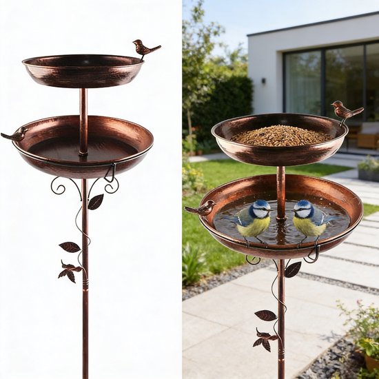 Outsunny Vogelbad met Beelden, 2 Bassins, Kunststof, Antieke Uitstraling, 49,5L x 38B x 81H cm