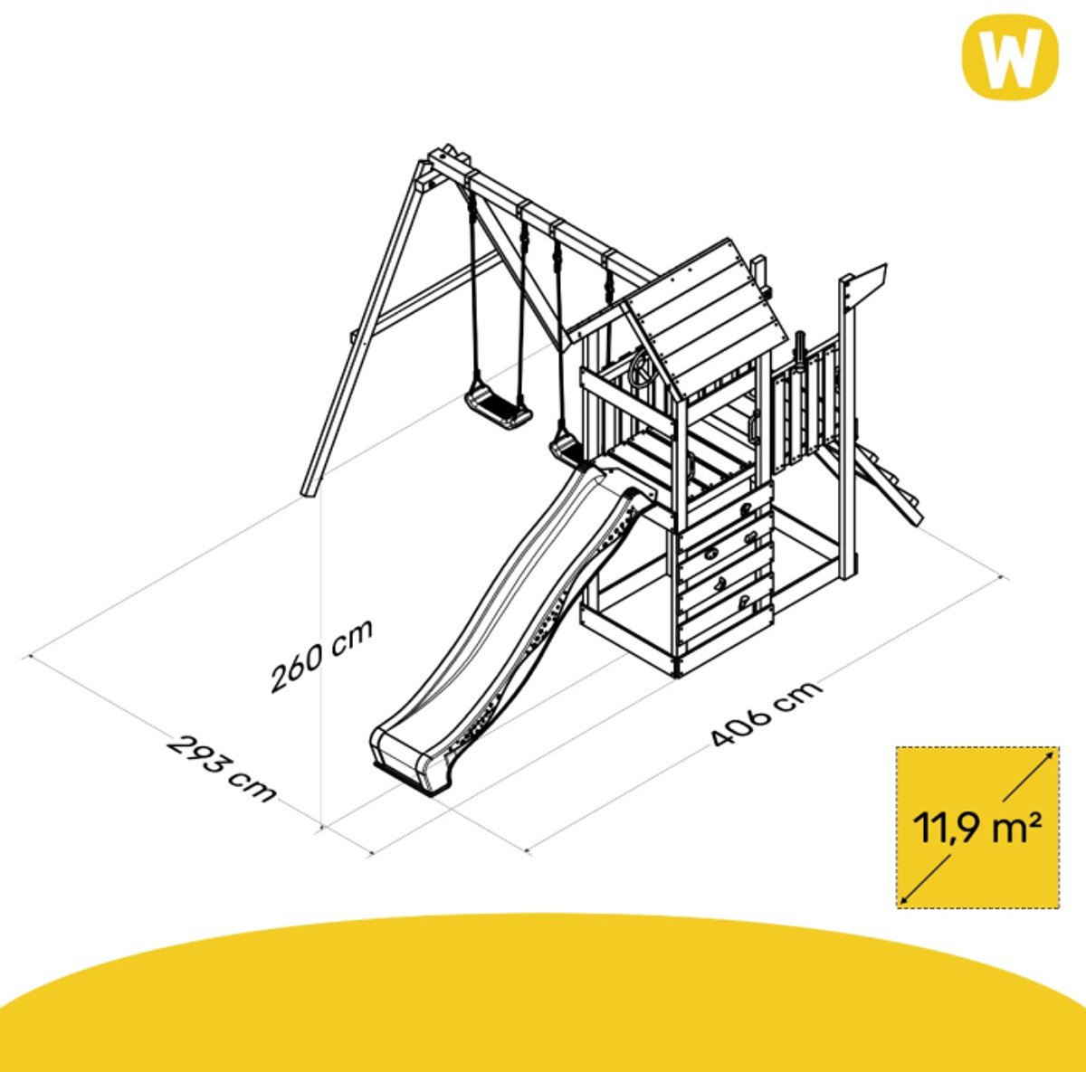 Wickey MultiFlyer Speeltoestel met Houten Dak - Dubbele schommel met Glijbaan - Klimwand & Zandbak - 293x406x260 cm - Blauw — afbeelding 2