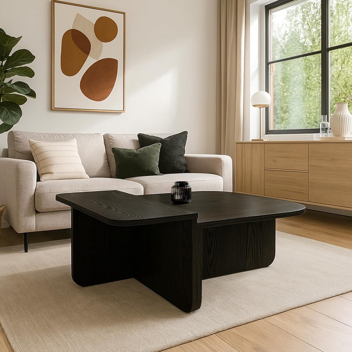 Salontafel L-vorm 90x90x33 cm – travertin look met walnoot houtlook – moderne Scandinavische woonkamertafel met afgeronde hoeken – Urbanhome