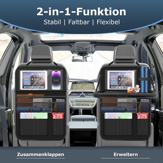 Auto Organizer - Grote Ruggengraatbeschermer voor Achterbank - Multifunctionele Waterdichte Rits Organizer met Opklapbare Tafel, Tablethouder & Veel Vakken - Zwart - 1 Stuk — afbeelding 3