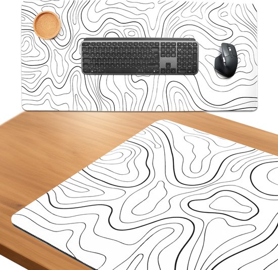 XXL muismat met wit en zwart topografisch patroon, met een toetsenbord en muis.