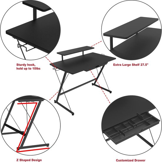Gaming Bureau - Computer Tafel - Thuiswerken Kantoor - Met Monitorplank Lade Haken - 40 Inch - Zwart Hout van Merkloos — afbeelding 4