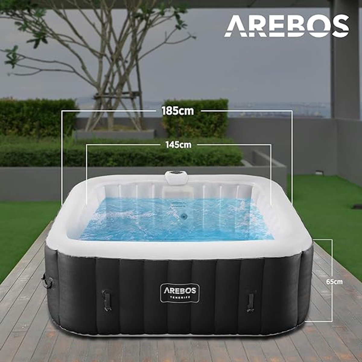 Luxe Opblaasbare Spa Jacuzzi 6 Personen 185x185x65 cm met LED Verlichting, 130 Massagejets en 910L Capaciteit – Outdoor & Indoor Whirlpool tot 40°C