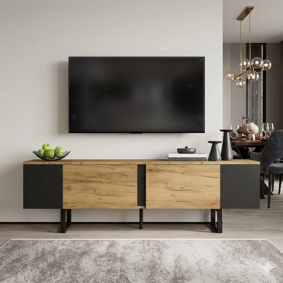 TV Meubel 180 cm – Houten TV Kast met Rattan Deuren & Schuifdeuren, Geschikt voor 80 inch TV, Grote Opbergruimte, Retro Modern Design – Bruin – Urbanhome