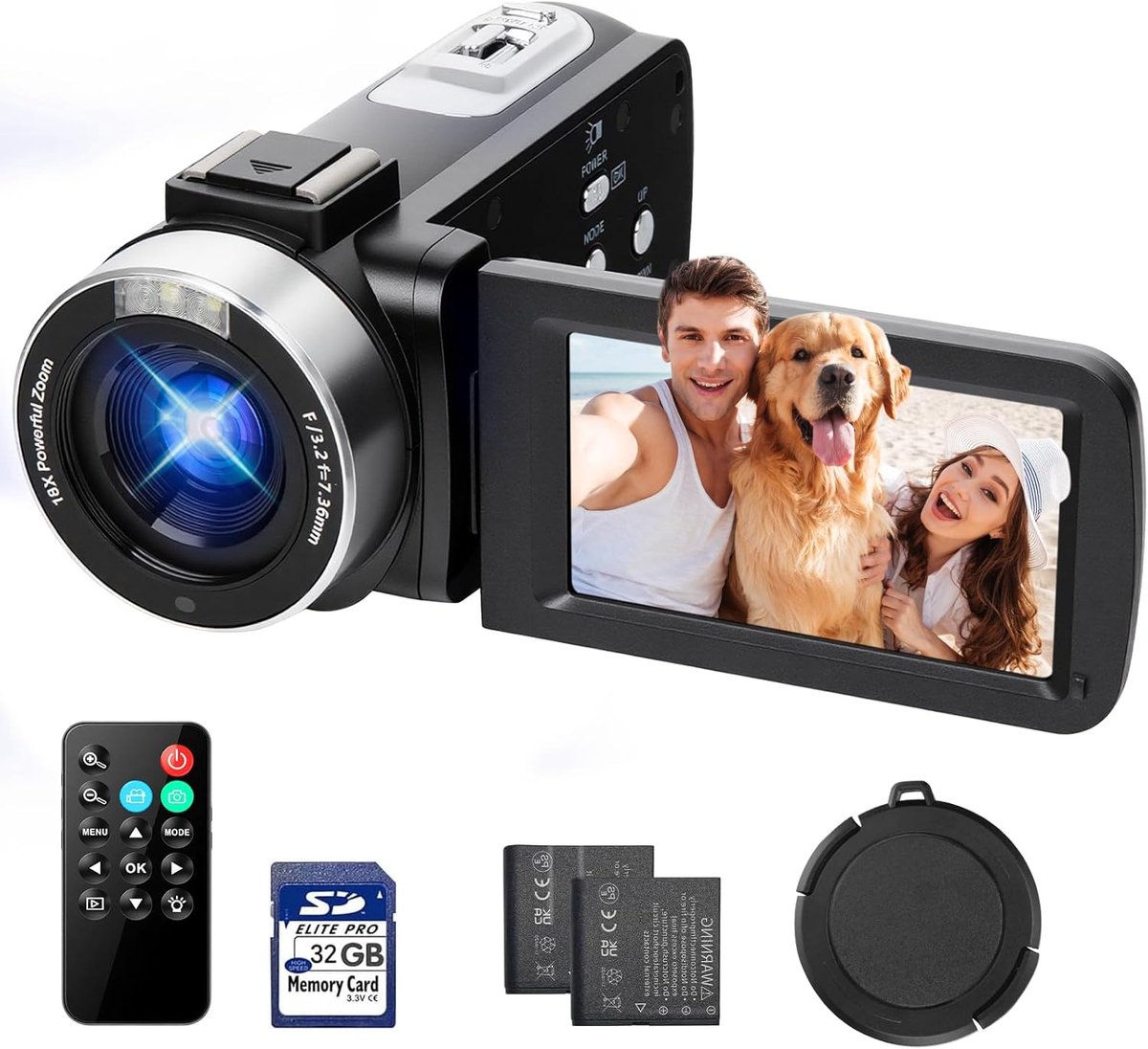 4K Camcorder - Videocamera met 42MP - Vlog camera - Videocamera Full HD - 18x Digitale Zoom - 3,0 Inch 270° Draaibaar Scherm - 32GB SD - Met 2 Batterijen en Afstandsbediening