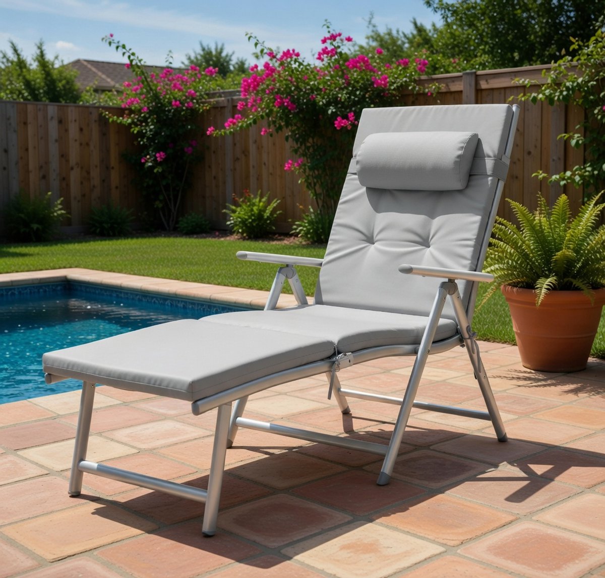 Ligstoel Verstelbaar 183x61x39 cm – Inklapbare Aluminium Tuin Ligstoel met 6 cm Dik Matras & Afneembaar Kussen – 7-Voudig Verstelbaar tot 150 kg – Outdoor Zonnebed Relaxstoel Rookgrijs – Nicolehome