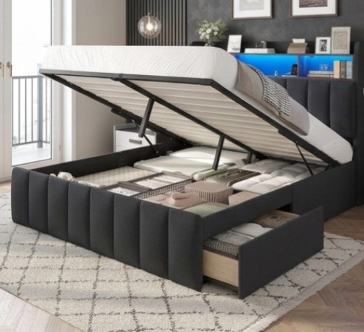 Boxspring Bed 160x200 cm met Opbergruimte, LED Verlichting & Oplaadstation – Luxe Gestoffeerd Bedframe met Hoofdbord, Lattenbodem & Gaslift – Modern Design – Urbanhome